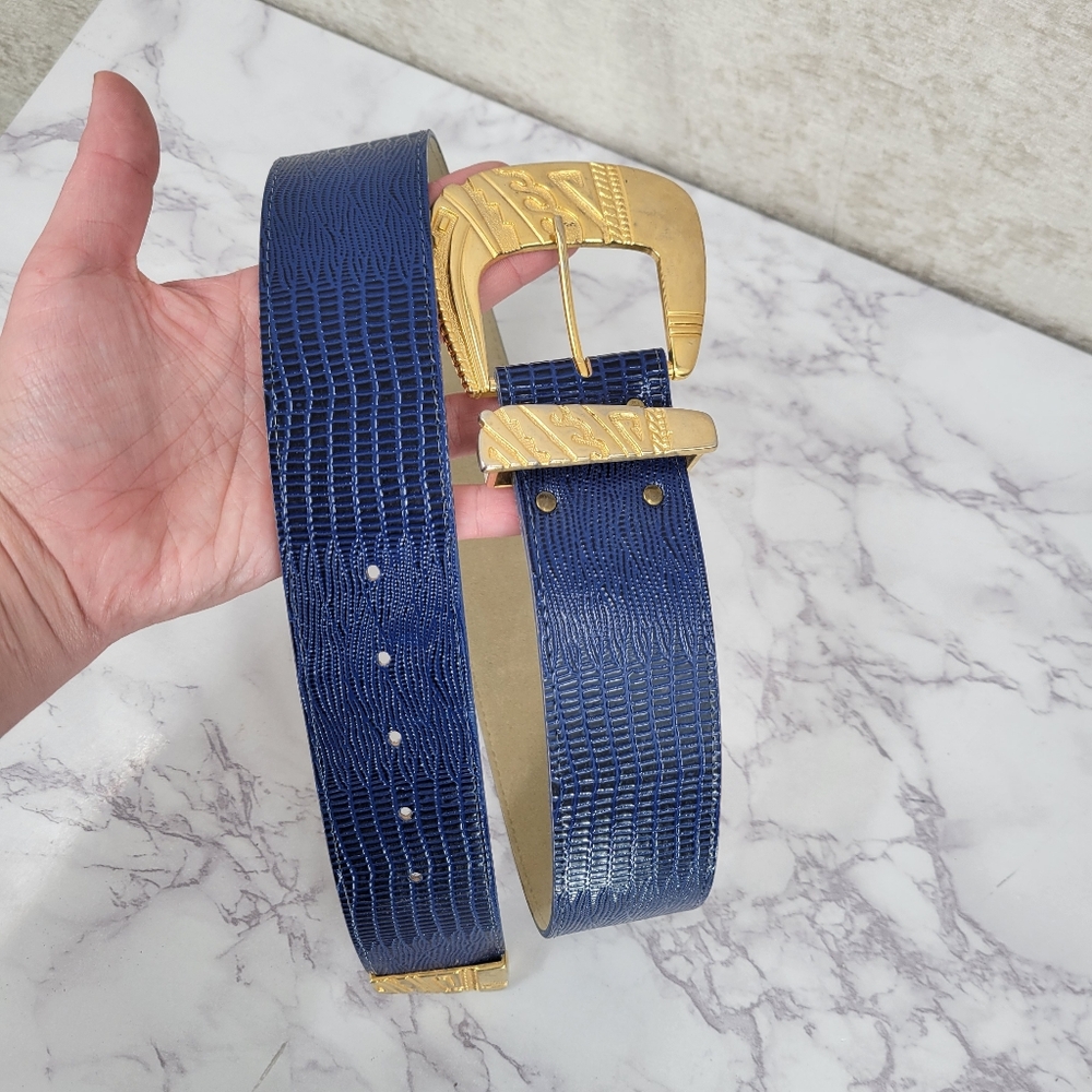 Vintage 80s Faux Lizard Embossed Blue Belt with Oversized Gold Buckle - Picture 2 of 11